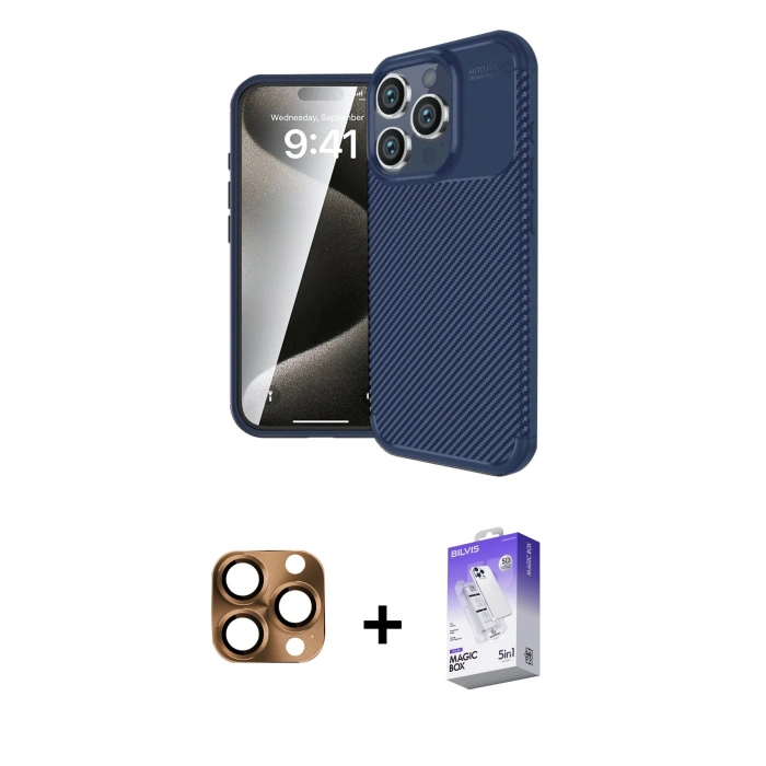 MARSİLYAN™- iPhone 16 Pro Max Kılıf Eksen Form Prime - Siyah Bilvis 5in1 3D Magic Cam Ekran Koruyucu + Pers Alüminyum Kamera Lens - CLTM