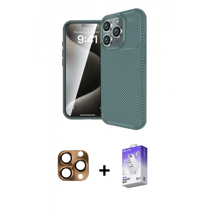 MARSİLYAN™- iPhone 16 Pro Max Kılıf Eksen Form Prime - Siyah Bilvis 5in1 3D Magic Cam Ekran Koruyucu + Pers Alüminyum Kamera Lens - CLTM