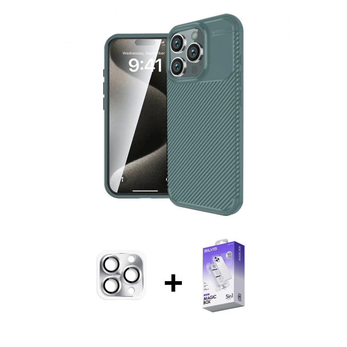 MARSİLYAN™- iPhone 16 Pro Max Kılıf Eksen Form Prime - Siyah Bilvis 5in1 3D Magic Cam Ekran Koruyucu + Pers Alüminyum Kamera Lens - GS