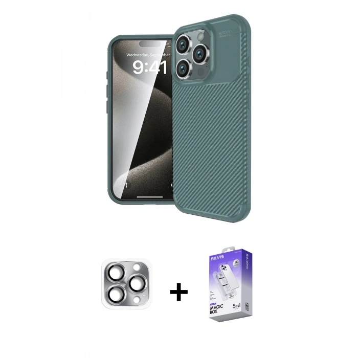 MARSİLYAN™- iPhone 16 Pro Max Kılıf Eksen Form Prime - Siyah Bilvis 5in1 3D Magic Cam Ekran Koruyucu + Pers Alüminyum Kamera Lens - GI