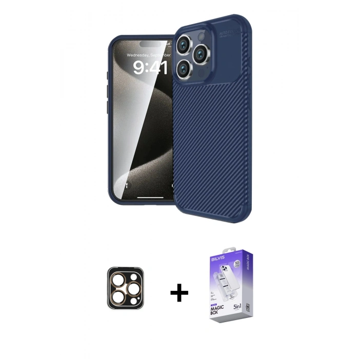 MARSİLYAN™- iPhone 16 Pro Max Kılıf Eksen Form Prime - Siyah Bilvis 5in1 3D Magic Cam Ekran Koruyucu + PVD Metal Kamera Lens - GD