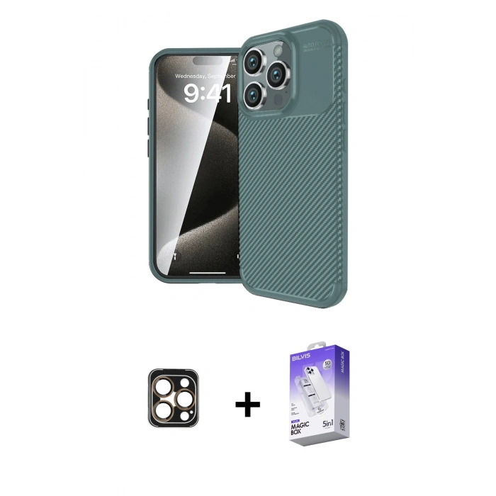 MARSİLYAN™- iPhone 16 Pro Max Kılıf Eksen Form Prime - Siyah Bilvis 5in1 3D Magic Cam Ekran Koruyucu + PVD Metal Kamera Lens - GD