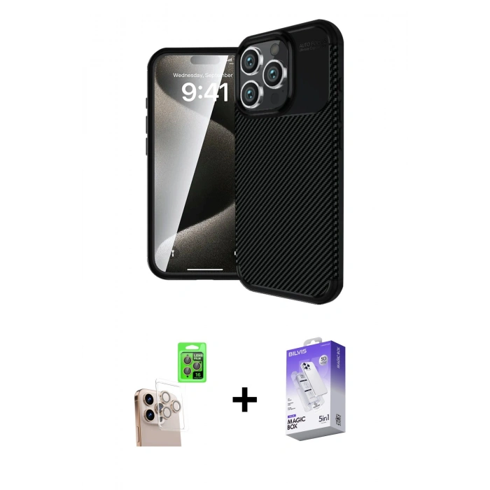 MARSİLYAN™- iPhone 16 Pro Max Kılıf Eksen Form Prime - Siyah Bilvis 5in1 3D Magic Cam Ekran Koruyucu + Raze Metal Kamera Lens - NLGY