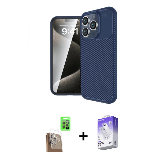 MARSİLYAN™- iPhone 16 Pro Max Kılıf Eksen Form Prime - Siyah Bilvis 5in1 3D Magic Cam Ekran Koruyucu + Raze Metal Kamera Lens - CLTM