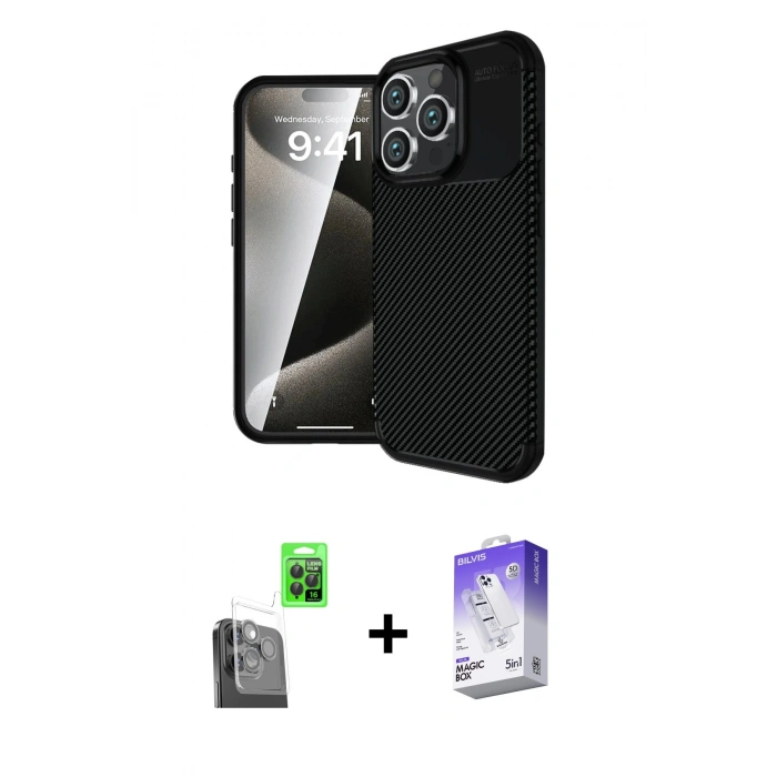 MARSİLYAN™- iPhone 16 Pro Max Kılıf Eksen Form Prime - Siyah Bilvis 5in1 3D Magic Cam Ekran Koruyucu + Raze Metal Kamera Lens - SH