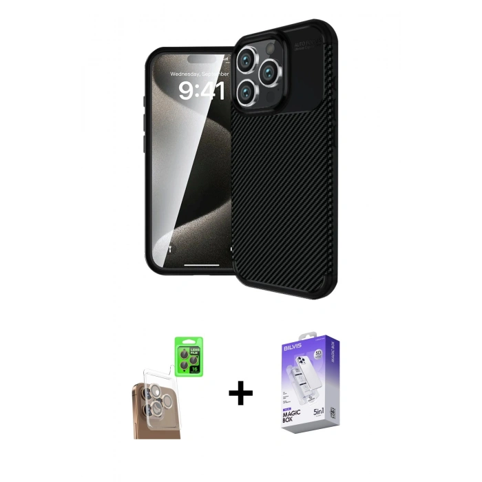 MARSİLYAN™- iPhone 16 Pro Max Kılıf Eksen Form Prime - Siyah Bilvis 5in1 3D Magic Cam Ekran Koruyucu + Raze Metal Kamera Lens - CLTM