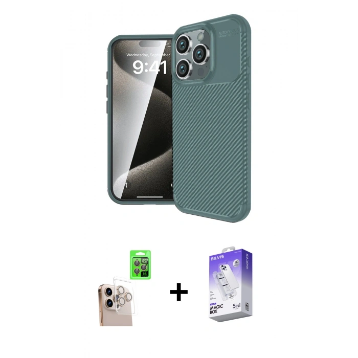 MARSİLYAN™- iPhone 16 Pro Max Kılıf Eksen Form Prime - Siyah Bilvis 5in1 3D Magic Cam Ekran Koruyucu + Raze Metal Kamera Lens - NLGY