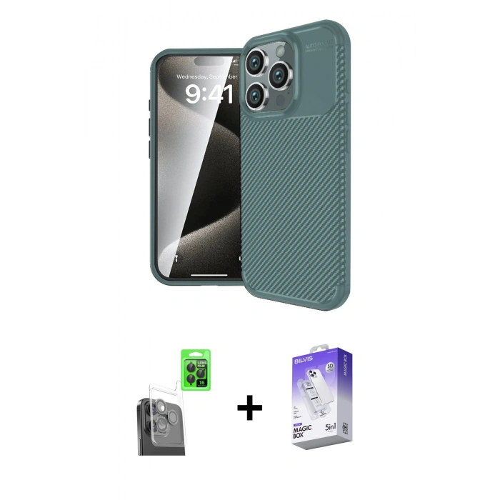 MARSİLYAN™- iPhone 16 Pro Max Kılıf Eksen Form Prime - Siyah Bilvis 5in1 3D Magic Cam Ekran Koruyucu + Raze Metal Kamera Lens - SH