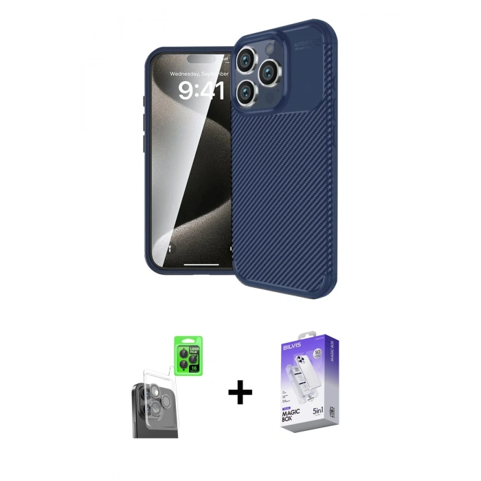 MARSİLYAN™- iPhone 16 Pro Max Kılıf Eksen Form Prime - Siyah Bilvis 5in1 3D Magic Cam Ekran Koruyucu + Raze Metal Kamera Lens - SH