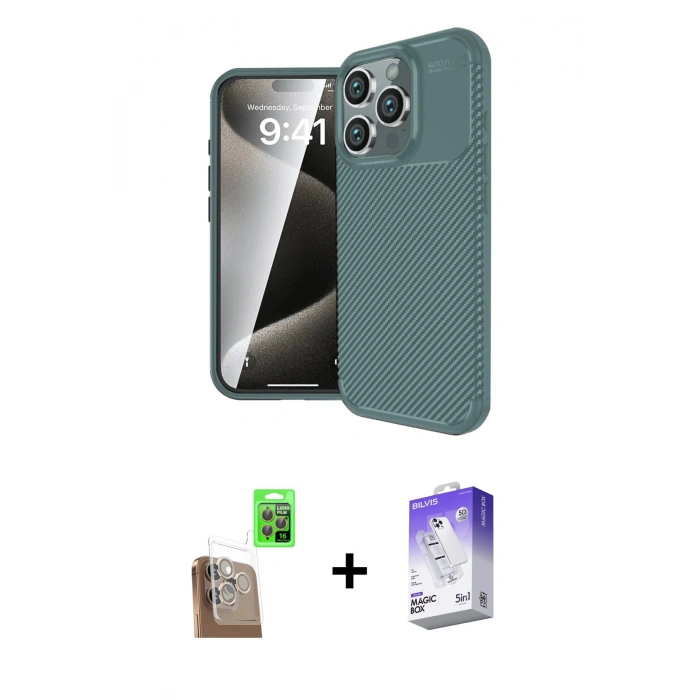 MARSİLYAN™- iPhone 16 Pro Max Kılıf Eksen Form Prime - Siyah Bilvis 5in1 3D Magic Cam Ekran Koruyucu + Raze Metal Kamera Lens - CLTM