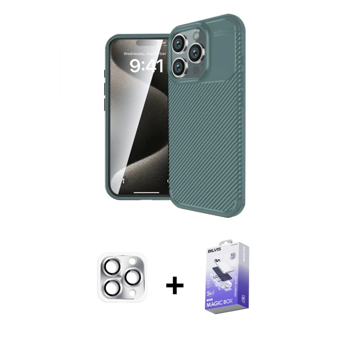MARSİLYAN™- iPhone 16 Pro Max Kılıf Eksen Form Prime - Siyah Bilvis 5in1 5D Magic Hayalet Cam Ekran Koruyucu + Pers Alüminyum Kamera Lens - GS