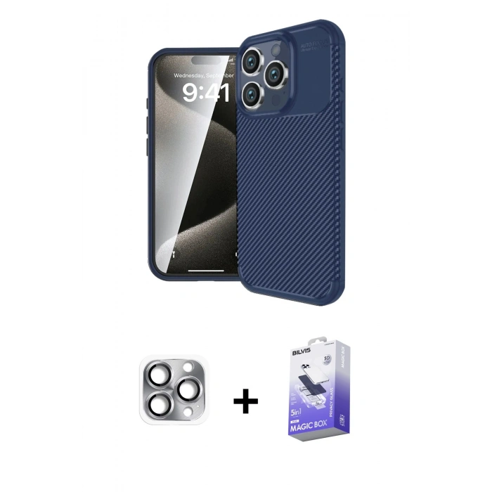 MARSİLYAN™- iPhone 16 Pro Max Kılıf Eksen Form Prime - Siyah Bilvis 5in1 5D Magic Hayalet Cam Ekran Koruyucu + Pers Alüminyum Kamera Lens - GI