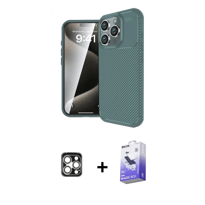 MARSİLYAN™- iPhone 16 Pro Max Kılıf Eksen Form Prime - Siyah Bilvis 5in1 5D Magic Hayalet Cam Ekran Koruyucu + Gümüş PVD Metal Kamera Lens