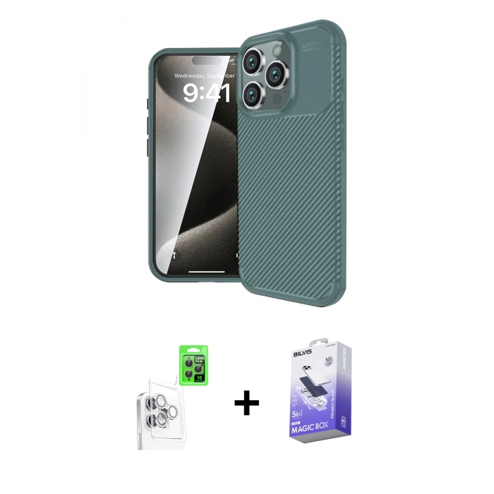 MARSİLYAN™- iPhone 16 Pro Max Kılıf Eksen Form Prime - Siyah Bilvis 5in1 5D Magic Hayalet Cam Ekran Koruyucu + Raze Metal Kamera Lens - BZ