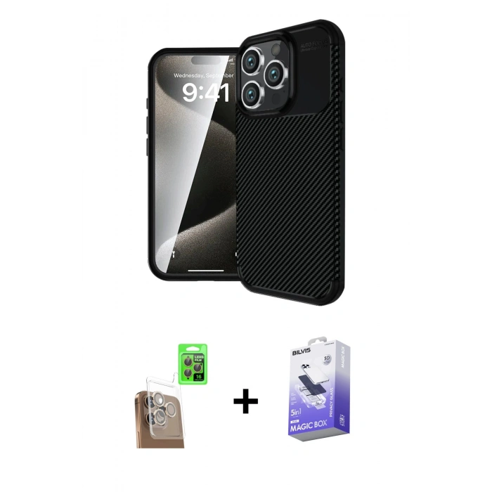 MARSİLYAN™- iPhone 16 Pro Max Kılıf Eksen Form Prime - Siyah Bilvis 5in1 5D Magic Hayalet Cam Ekran Koruyucu + Raze Metal Kamera Lens - CLTM