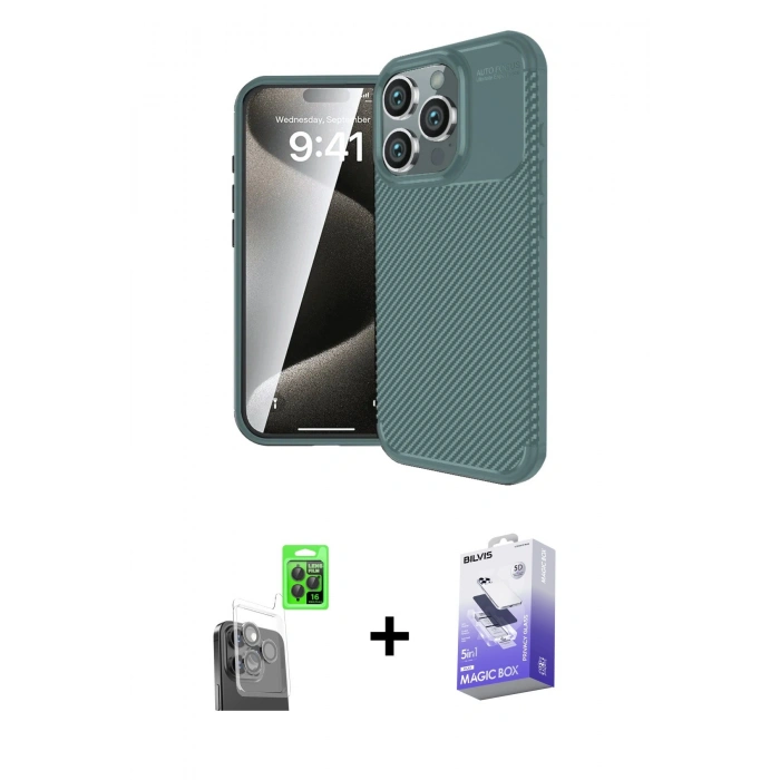 MARSİLYAN™- iPhone 16 Pro Max Kılıf Eksen Form Prime - Siyah Bilvis 5in1 5D Magic Hayalet Cam Ekran Koruyucu + Raze Metal Kamera Lens - SH