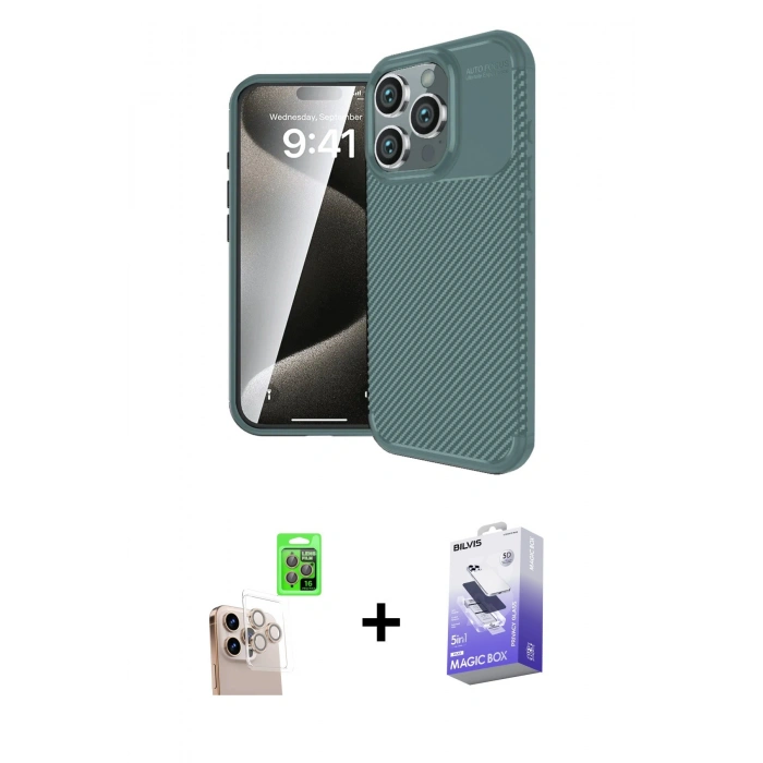 MARSİLYAN™- iPhone 16 Pro Max Kılıf Eksen Form Prime - Siyah Bilvis 5in1 5D Magic Hayalet Cam Ekran Koruyucu + Raze Metal Kamera Lens - NLGY