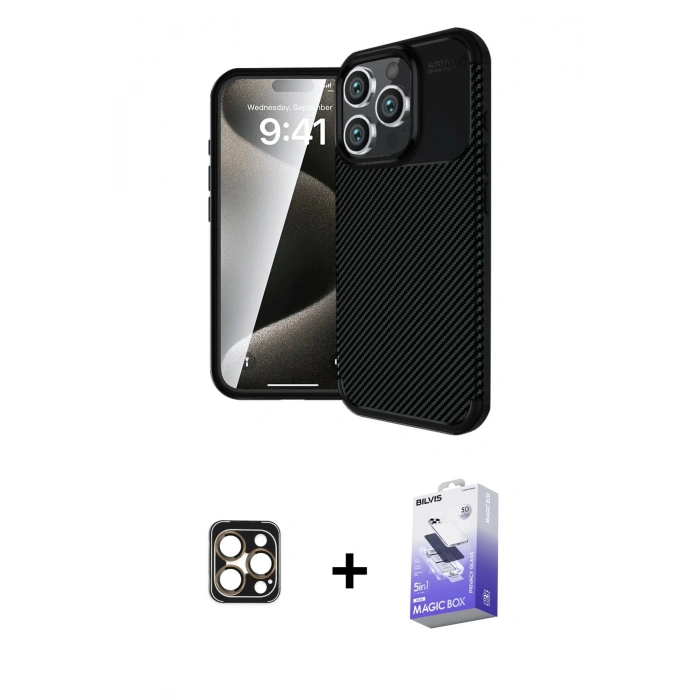 MARSİLYAN™- iPhone 16 Pro Max Kılıf Eksen Form Prime - Siyah Bilvis 5in1 5D Magic Hayalet Cam Ekran Koruyucu + PVD Metal Kamera Lens - GD