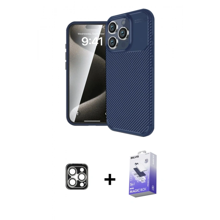 MARSİLYAN™- iPhone 16 Pro Max Kılıf Eksen Form Prime - Siyah Bilvis 5in1 5D Magic Hayalet Cam Ekran Koruyucu + PVD Metal Kamera Lens - GS