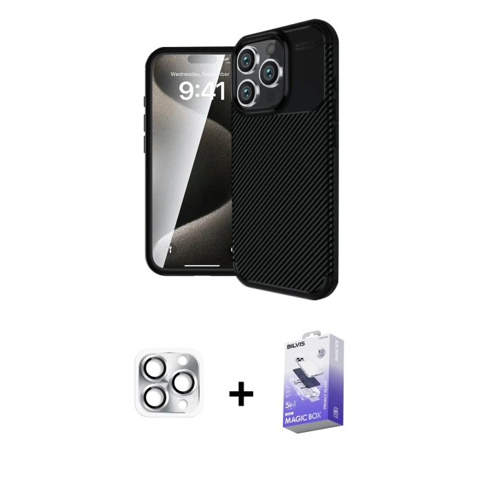 MARSİLYAN™- iPhone 16 Pro Max Kılıf Eksen Form Prime - Siyah Bilvis 5in1 5D Magic Hayalet Cam Ekran Koruyucu + Pers Alüminyum Kamera Lens - GS