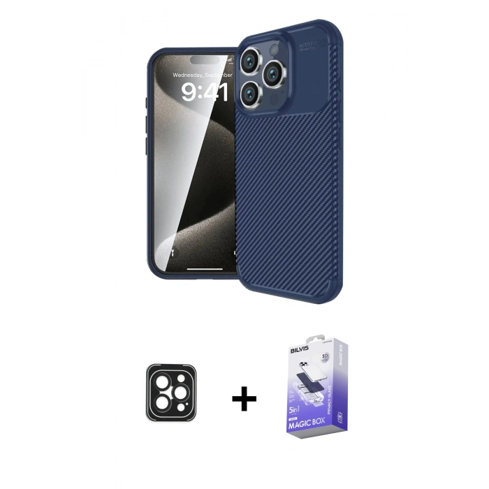 MARSİLYAN™- iPhone 16 Pro Max Kılıf Eksen Form Prime - Siyah Bilvis 5in1 5D Magic Hayalet Cam Ekran Koruyucu + PVD Metal Kamera Lens - SH