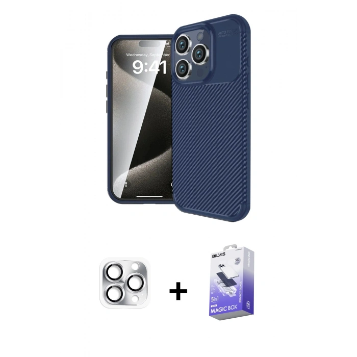 MARSİLYAN™- iPhone 16 Pro Max Kılıf Eksen Form Prime - Siyah Bilvis 5in1 5D Magic Hayalet Cam Ekran Koruyucu + Pers Alüminyum Kamera Lens - GS
