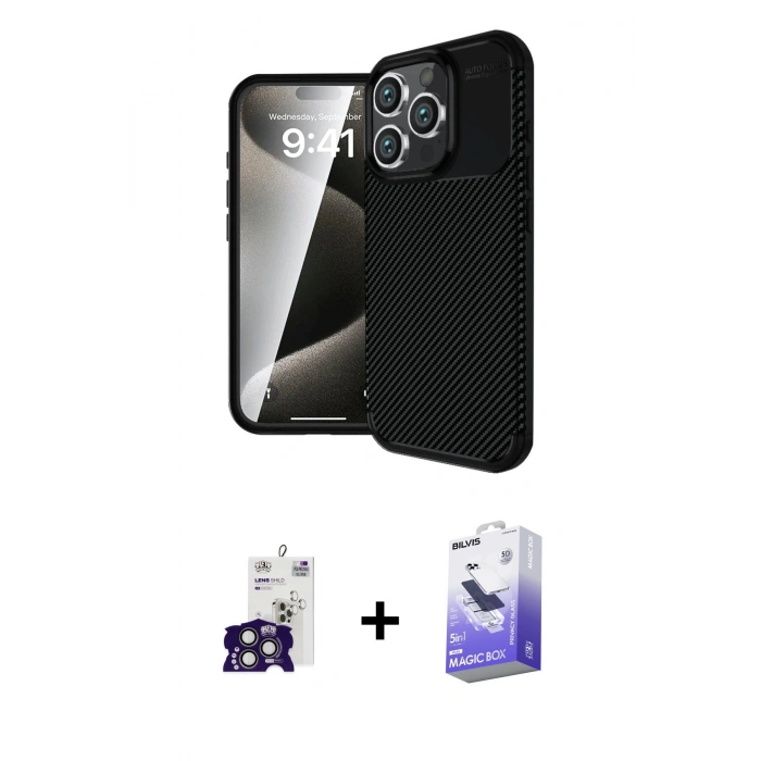 MARSİLYAN™- iPhone 16 Pro Max Kılıf Eksen Form Prime - Siyah Bilvis 5in1 5D Magic Hayalet Cam Ekran Koruyucu + Bilvis Titan Kamera Lens - TMGI