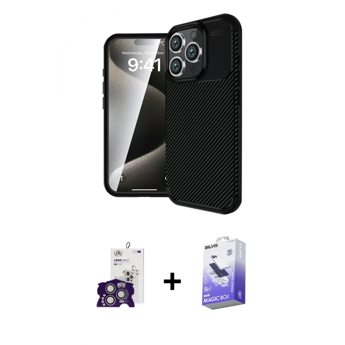 MARSİLYAN™- iPhone 16 Pro Max Kılıf Eksen Form Prime - Siyah Bilvis 5in1 5D Magic Hayalet Cam Ekran Koruyucu + Bilvis Titan Kamera Lens - GS