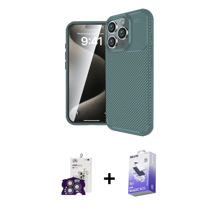 MARSİLYAN™- iPhone 16 Pro Max Kılıf Eksen Form Prime - Siyah Bilvis 5in1 5D Magic Hayalet Cam Ekran Koruyucu + Bilvis Titan Kamera Lens - GS