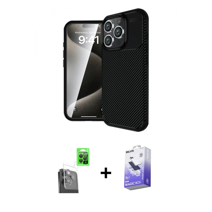 MARSİLYAN™- iPhone 16 Pro Max Kılıf Eksen Form Prime - Siyah Bilvis 5in1 5D Magic Hayalet Cam Ekran Koruyucu + Raze Metal Kamera Lens - SH