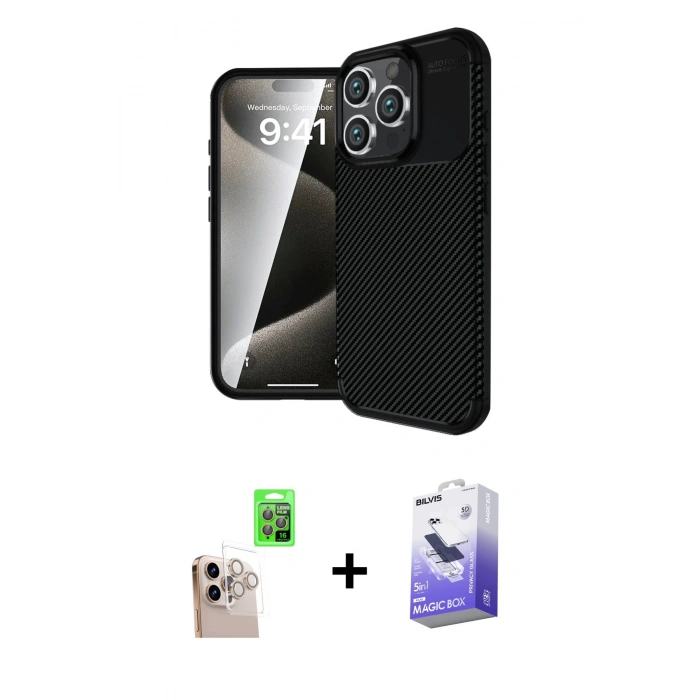 MARSİLYAN™- iPhone 16 Pro Max Kılıf Eksen Form Prime - Siyah Bilvis 5in1 5D Magic Hayalet Cam Ekran Koruyucu + Raze Metal Kamera Lens - NLGY