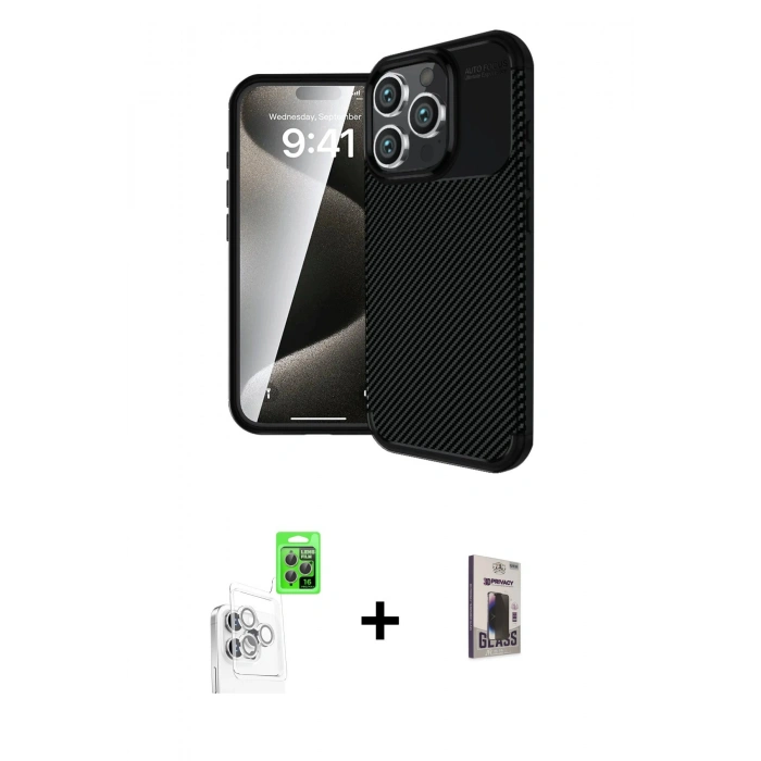 MARSİLYAN™- iPhone 16 Pro Max Kılıf Eksen Form Prime - Siyah Bilvis Hayalet Cam Ekran Koruyucu + Raze Metal Kamera Lens - BZ