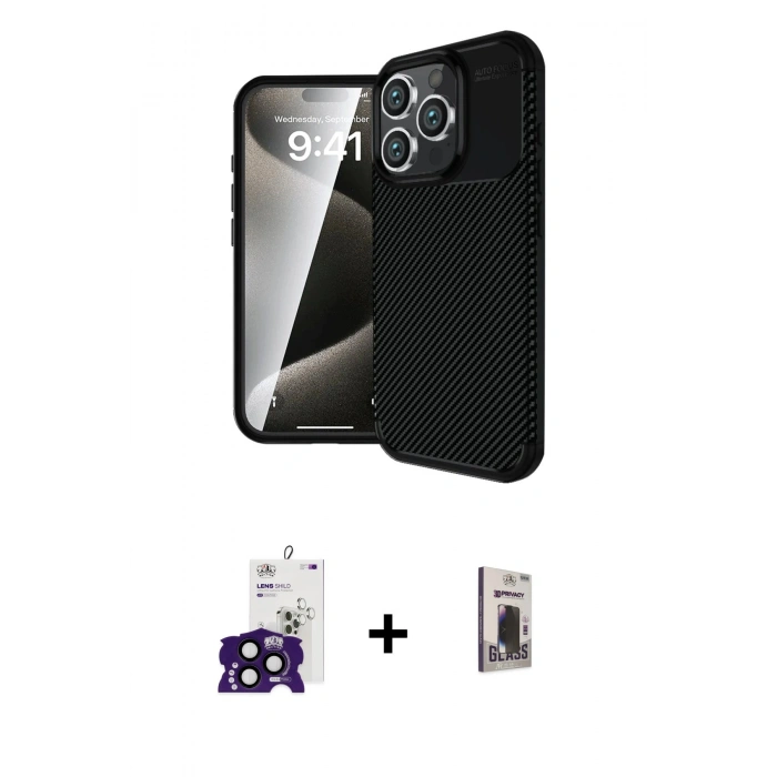 MARSİLYAN™- iPhone 16 Pro Max Kılıf Eksen Form Prime - Siyah Bilvis Hayalet Cam Ekran Koruyucu + Bilvis Titan Kamera Lens - SH