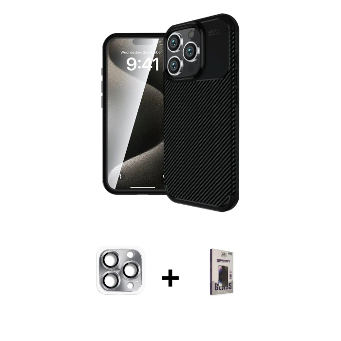 MARSİLYAN™- iPhone 16 Pro Max Kılıf Eksen Form Prime - Siyah Bilvis Hayalet Cam Ekran Koruyucu + Pers Alüminyum Kamera Lens - GI