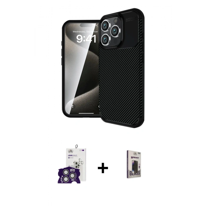 MARSİLYAN™- iPhone 16 Pro Max Kılıf Eksen Form Prime - Siyah Bilvis Hayalet Cam Ekran Koruyucu + Bilvis Titan Kamera Lens - GS