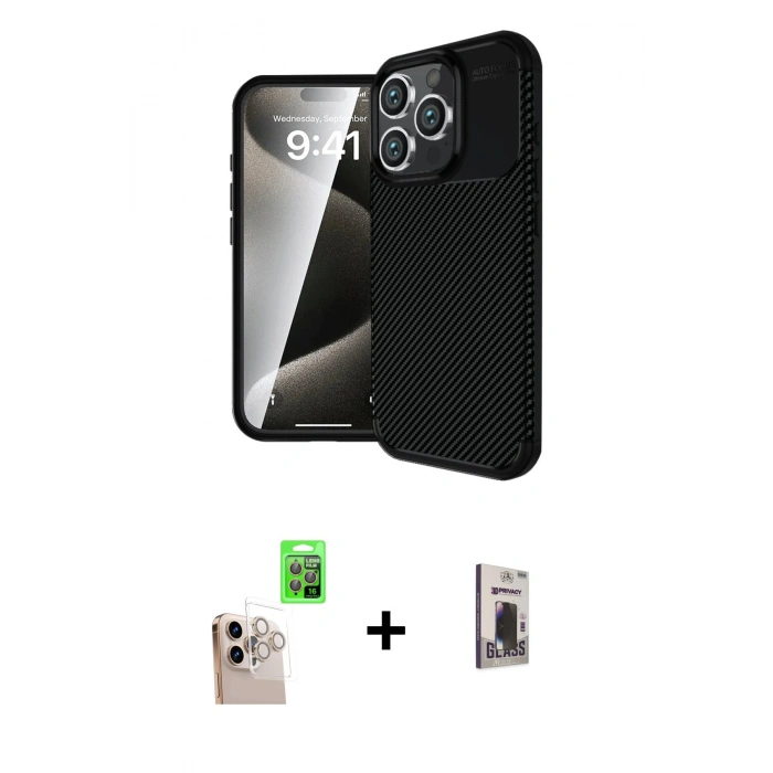 MARSİLYAN™- iPhone 16 Pro Max Kılıf Eksen Form Prime - Siyah Bilvis Hayalet Cam Ekran Koruyucu + Natural Grey Raze Metal Kamera Lens
