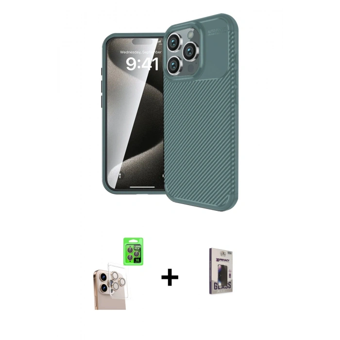 MARSİLYAN™- iPhone 16 Pro Max Kılıf Eksen Form Prime - Siyah Bilvis Hayalet Cam Ekran Koruyucu + Natural Grey Raze Metal Kamera Lens