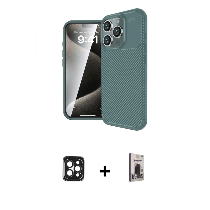 MARSİLYAN™- iPhone 16 Pro Max Kılıf Eksen Form Prime - Siyah Bilvis Hayalet Cam Ekran Koruyucu + PVD Metal Kamera Lens - SH