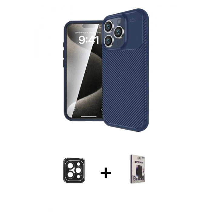 MARSİLYAN™- iPhone 16 Pro Max Kılıf Eksen Form Prime - Siyah Bilvis Hayalet Cam Ekran Koruyucu + PVD Metal Kamera Lens - SH