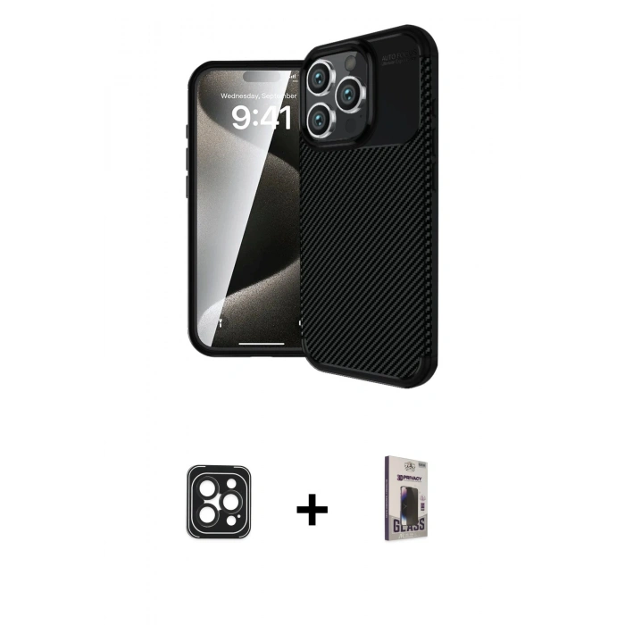 MARSİLYAN™- iPhone 16 Pro Max Kılıf Eksen Form Prime - Siyah Bilvis Hayalet Cam Ekran Koruyucu + PVD Metal Kamera Lens - SH