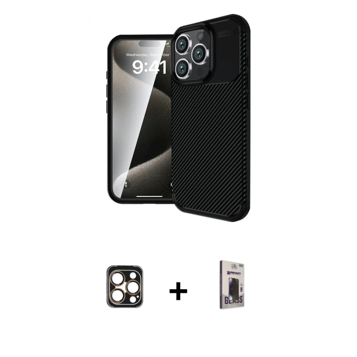 MARSİLYAN™- iPhone 16 Pro Max Kılıf Eksen Form Prime - Siyah Bilvis Hayalet Cam Ekran Koruyucu + PVD Metal Kamera Lens - GD