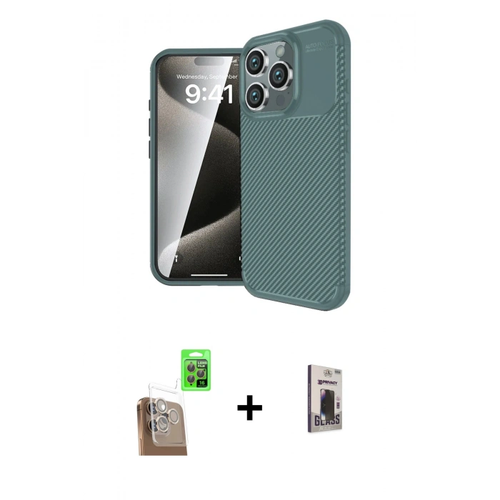 MARSİLYAN™- iPhone 16 Pro Max Kılıf Eksen Form Prime - Siyah Bilvis Hayalet Cam Ekran Koruyucu + Raze Metal Kamera Lens - CLTM