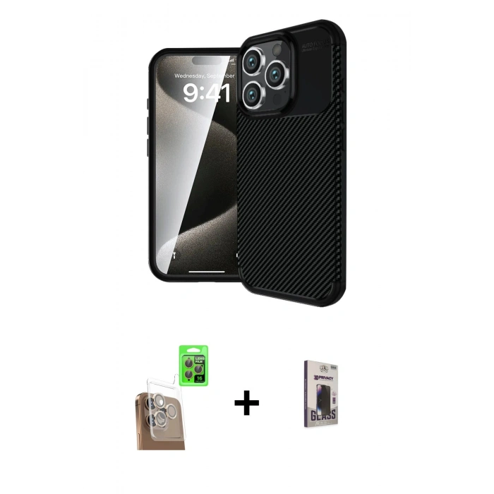 MARSİLYAN™- iPhone 16 Pro Max Kılıf Eksen Form Prime - Siyah Bilvis Hayalet Cam Ekran Koruyucu + Raze Metal Kamera Lens - CLTM