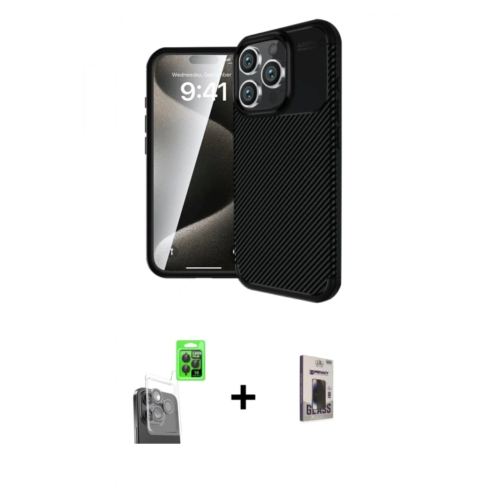 MARSİLYAN™- iPhone 16 Pro Max Kılıf Eksen Form Prime - Siyah Bilvis Hayalet Cam Ekran Koruyucu + Siyah Raze Metal Kamera Lens