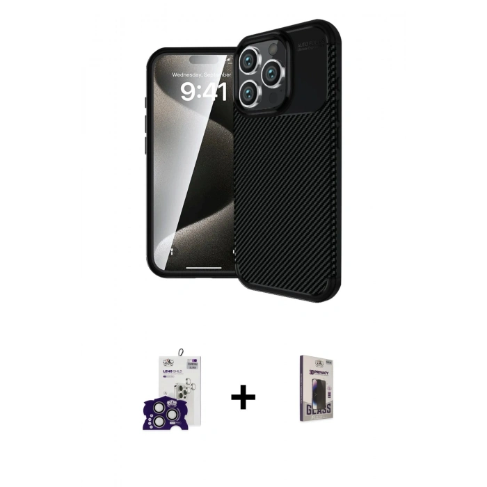 MARSİLYAN™- iPhone 16 Pro Max Kılıf Eksen Form Prime - Siyah Bilvis Hayalet Cam Ekran Koruyucu + Titanyum Gri Bilvis Titan Kamera Lens