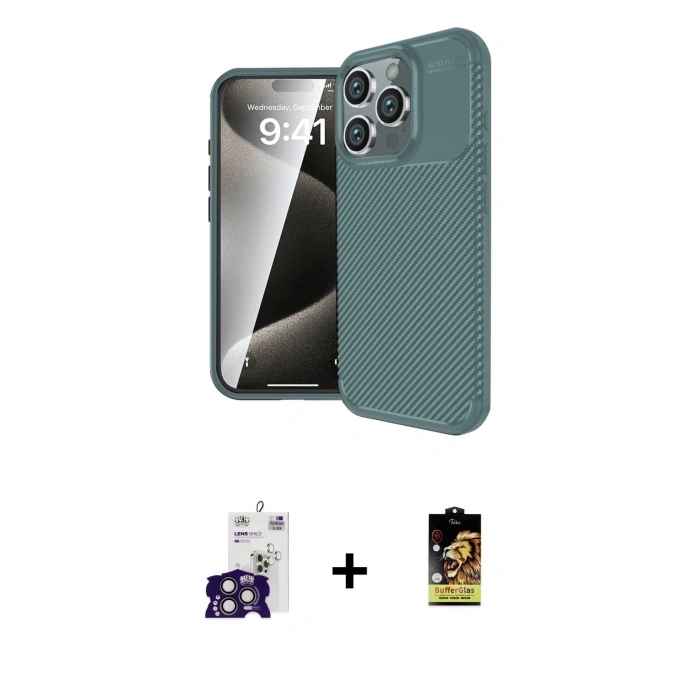 MARSİLYAN™- iPhone 16 Pro Max Kılıf Eksen Form Prime - Siyah Buffer Cam Ekran Koruyucu + Bilvis Titan Kamera Lens - TMGI