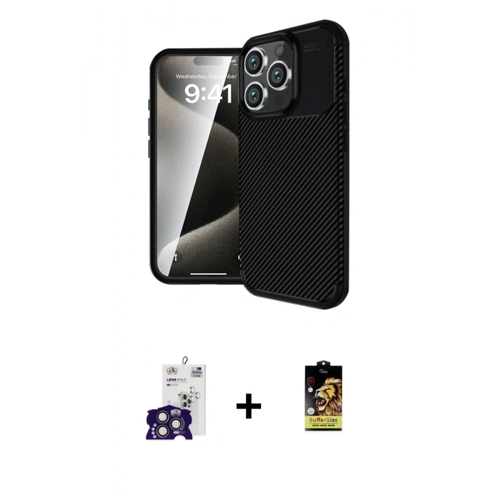 MARSİLYAN™- iPhone 16 Pro Max Kılıf Eksen Form Prime - Siyah Buffer Cam Ekran Koruyucu + Bilvis Titan Kamera Lens - TMGI
