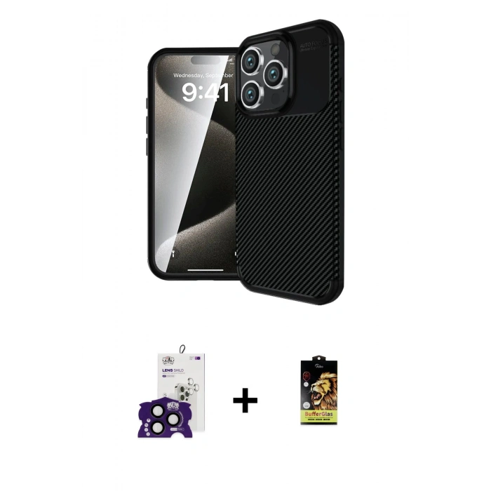 MARSİLYAN™- iPhone 16 Pro Max Kılıf Eksen Form Prime - Siyah Buffer Cam Ekran Koruyucu + Bilvis Titan Kamera Lens - SH