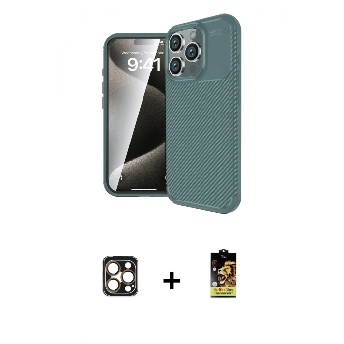 MARSİLYAN™- iPhone 16 Pro Max Kılıf Eksen Form Prime - Siyah Buffer Cam Ekran Koruyucu + PVD Metal Kamera Lens - GD