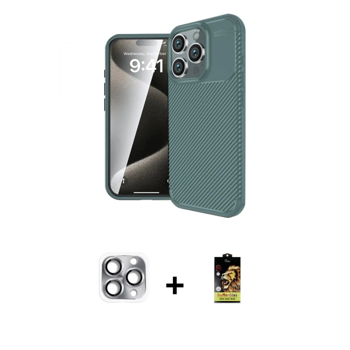 MARSİLYAN™- iPhone 16 Pro Max Kılıf Eksen Form Prime - Siyah Buffer Cam Ekran Koruyucu + Pers Alüminyum Kamera Lens - GI